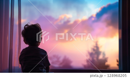 Silhouette of a thoughtful child gazing from a window against a bright background 128968205