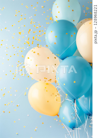 A colorful display of blue and yellow balloons with confetti on a bright background 128968221
