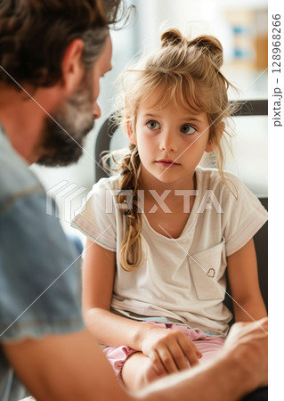 Compassionate therapist giving attentive support to a young girl during counseling session 128968266
