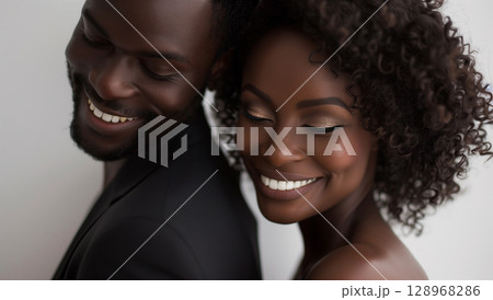 Joyful black couple with curly hair smiling together against white background 128968286