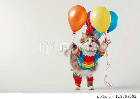 Adorable and playful fluffy cat dressed as a clown with colorful balloons 128968302