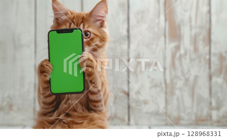 Cute orange cat sitting on hind legs with phone with green screen on light background 128968331