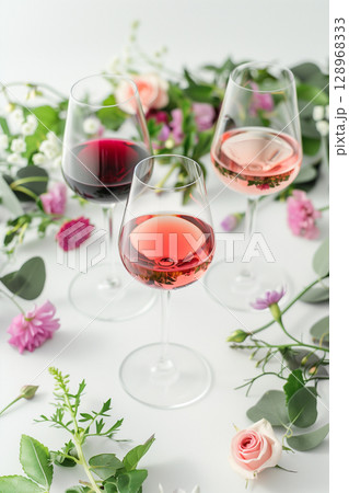 Beautiful overhead shot of assorted wine glasses with pink roses on a white background Beautiful overhead shot of assorted wine glasses with pink roses on a white background 128968333