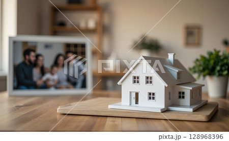 Realistic Home Model Displayed on Table with Blurred Family Portrait in Background 128968396