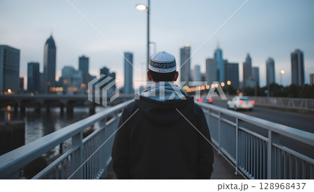 Man with Traditional Cap Walking on Bridge with City Skyline at Dusk in Urban Environment 128968437