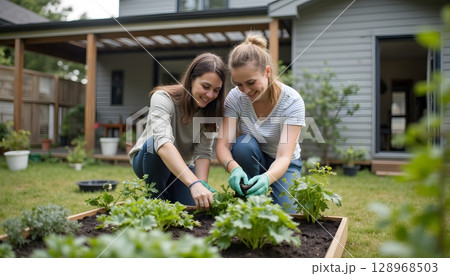Two Women Gardening Together in Backyard Vegetable Patch on Sunny Day Enjoying Nature's Beauty 128968503