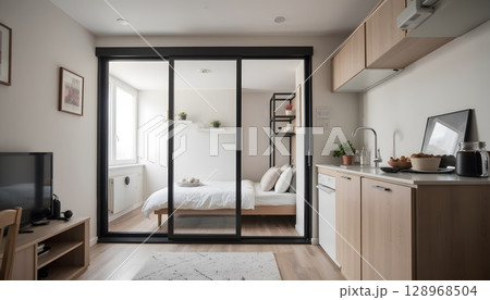 Cozy and Modern Studio Apartment Interior with Glass Partition and Contemporary Decor 128968504