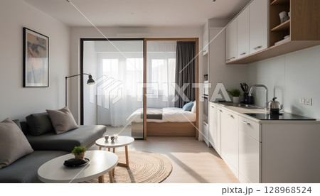 Cozy Modern Apartment Interior with Kitchen and Bedroom Area in Natural Light Setting 128968524