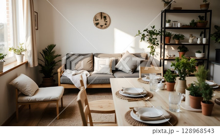 Cozy Minimalist Living Room with Natural Elements and Indoor Plants for Relaxed Atmosphere Cozy Minimalist Living Room with Natural Elements and Indoor Plants for Relaxed Atmosphere 128968543