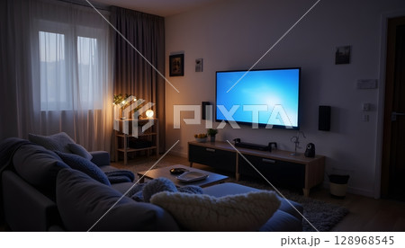 Cozy Modern Living Room with Soft Lighting and Minimalist Decor in Evening Atmosphere Cozy Modern Living Room with Soft Lighting and Minimalist Decor in Evening Atmosphere 128968545