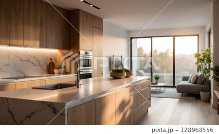 Modern kitchen interior design with marble countertops and wooden cabinetry in bright sunlight 128968556