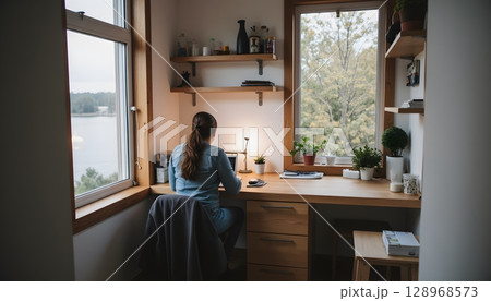 Cozy Home Office Space with Natural Light and Indoor Plants for Productive Work Environment 128968573