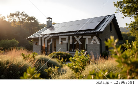 Modern Eco-Friendly Home with Solar Panels Surrounded by Lush Greenery at Sunrise 128968581