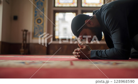Man Praying in a Quiet Mosque with Traditional Architecture and Colorful Windows 128968590