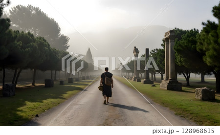 Person Walking Down Misty Pathway Surrounded by Columns and Trees in Ancient Landscape 128968615