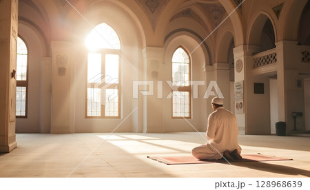 Peaceful Reflection in a Mosque with Beautiful Sunlight Streaming Through Arched Windows Peaceful Reflection in a Mosque with Beautiful Sunlight Streaming Through Arched Windows 128968639