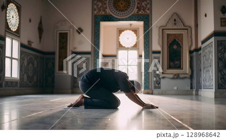 Man in Traditional Attire Engaged in Prayer Inside a Beautifully Designed Mosque Interior 128968642