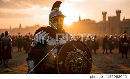 Majestic Roman Soldier in Armor Against a Dramatic Sunset During an Epic Historical Battle Scene 128968646
