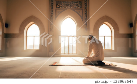 Man in Traditional Attire Engaging in Prayer at Sunrise Inside a Beautiful Mosque Hall 128968647
