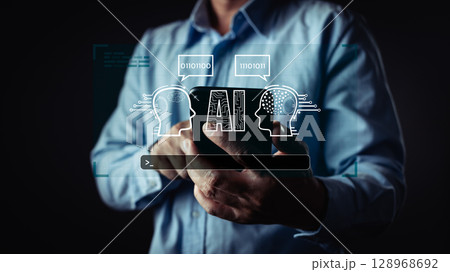 A person interacts with a smartphone, surrounded by digital AI graphics, highlighting technology and communication themes. A person interacts with a smartphone, surrounded by digital AI graphics, highlighting technology and communication themes. 128968692