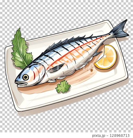 Japanese home cooking grilled fish saury icon illustration 128968713