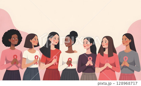 Diverse Group of Women Supporting Breast Cancer Awareness with Pink Ribbons in Soft Pastel Colors 128968717