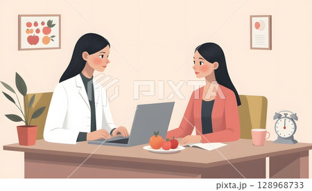 Professional Nutrition Consultation Between Two Women in Bright, Modern Office Setting 128968733