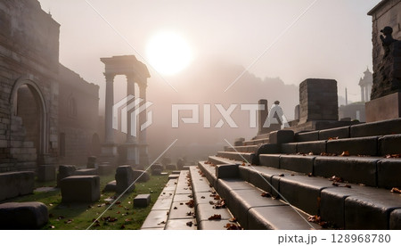 Misty Morning at Ancient Ruins with Stone Steps and Pillars Under Soft Sunlight Glow 128968780