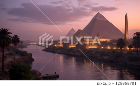 Majestic Pyramids of Giza at Dusk with Reflections on Calm River and Palm Trees in Foreground 128968781