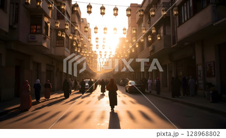 People Walking in Sunset Street with Lanterns Hanging Above, Urban Evening Scene 128968802