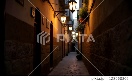 Quaint Nighttime Alley with Lanterns Illuminating the Cobblestone Pathway in a Historic Village 128968803