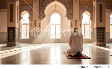 Serene Moment of Reflection in an Elegant Mosque with Natural Light and Spiritual Atmosphere 128968804