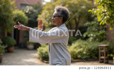 Elderly Woman Practicing Tai Chi in a Serene Garden Setting with Lush Greenery Surrounding Her 128968913
