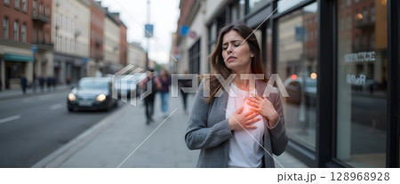 Woman Experiencing Chest Pain While Walking on City Street During Daytime in Urban Environment 128968928
