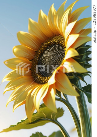 A vibrant, blooming sunflower in close-up against a blue summer sky, symbolizing sun and nature. A vibrant, blooming sunflower in close-up against a blue summer sky, symbolizing sun and nature. 128968977