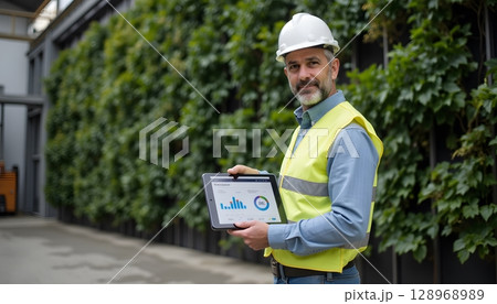 Professional Engineer Analyzing Data on Tablet in Modern Greenhouse with Lush Foliage Background 128968989
