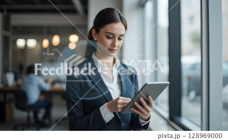 Businesswoman Engaged in Digital Communication with Tablet in Modern Office Environment Businesswoman Engaged in Digital Communication with Tablet in Modern Office Environment 128969000