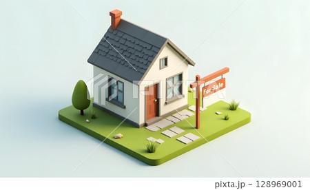 Cute 3D Illustration of Small House with For Sale Sign and Green Lawn Decoration Cute 3D Illustration of Small House with For Sale Sign and Green Lawn Decoration 128969001