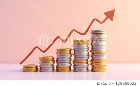 Coin Stacks with Rising Arrow Illustrating Financial Growth and Investment Success Concept 128969022