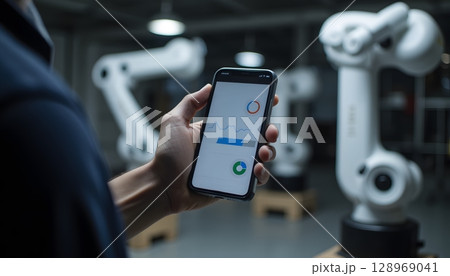 Hand Holding Smartphone Displaying Robot Control Interface in Modern Industrial Setting 128969041
