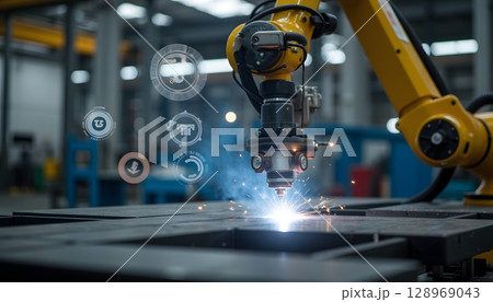 Robotic Arm Engaged in Precision Welding with Sparks and Industry Icons in Modern Factory Setting 128969043