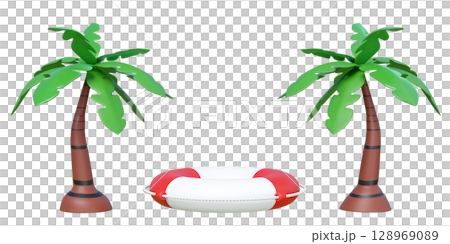 3D render of two cartoon-style palm trees framing a red and white lifebuoy. Ideal for summer vacation, tropical holidays, beach safety, and travel concepts. 3D render of two cartoon-style palm trees framing a red and white lifebuoy. Ideal for summer vacation, tropical holidays, beach safety, and travel concepts. 128969089
