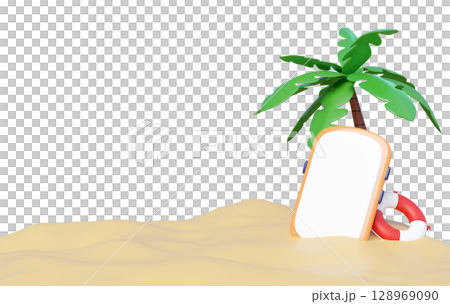 3D render of a tropical beach scene with a palm tree, a blank smartphone for copy space, and a lifebuoy on sandy ground. Ideal for summer, holiday, and travel themes. 3D render of a tropical beach scene with a palm tree, a blank smartphone for copy space, and a lifebuoy on sandy ground. Ideal for summer, holiday, and travel themes. 128969090