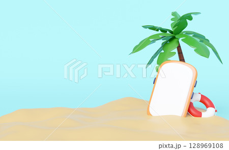 3D render of a tropical beach scene with a palm tree, a blank smartphone for copy space, and a lifebuoy on sandy ground under a clear blue sky. Ideal for summer, holiday, and travel themes. 128969108