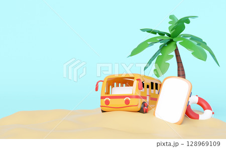 3D render of a cute yellow bus, a palm tree, a blank smartphone, and a life buoy on a sandy beach. Concept of summer travel, vacation planning, mobile apps for holidays, or tropical adventures. 3D render of a cute yellow bus, a palm tree, a blank smartphone, and a life buoy on a sandy beach. Concept of summer travel, vacation planning, mobile apps for holidays, or tropical adventures. 128969109