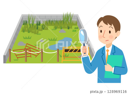 放置された土地の調査をする不動産業者　売地　空地　資産 128969116