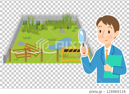 放置された土地の調査をする不動産業者　売地　空地　資産 128969116