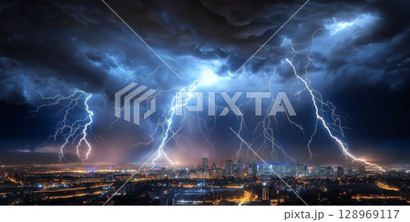 雷雲から落ちる稲妻と都会の夜景 128969117