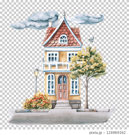 Two-storey yellow city house surrounded by autumn trees. Isolated watercolor illustration for design of tourist brochures, interior, seasonal menu, printing on posters and postcards. Two-storey yellow city house surrounded by autumn trees. Isolated watercolor illustration for design of tourist brochures, interior, seasonal menu, printing on posters and postcards. 128969162