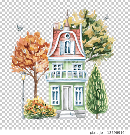 Urban green house with a balcony, attic and autumn trees. Isolated watercolor illustration for the design of printed products of architectural bureaus, guidebooks, postcards, children's products. 128969164
